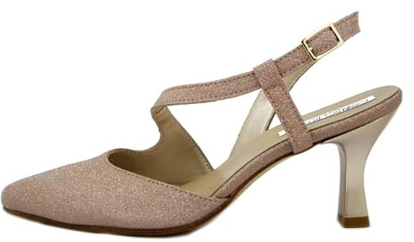 OSVALDO PERICOLI Scarpe Donna Eleganti Decolleté Sling Back in Pelle e Tessuto Glitter Rosa Cipria, Tacco Medio 7 cm, 24050