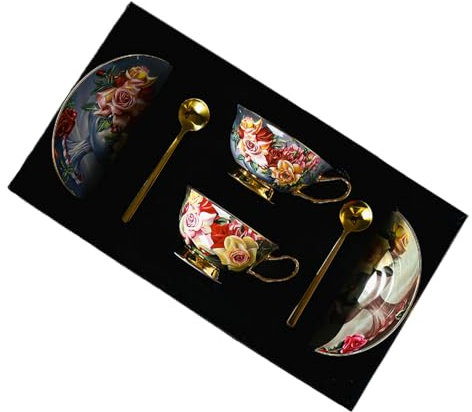 Taza de café de cerámica Creative Rose de 220 ml, taza de té de tarde retro para parejas, 2 tazas, 2 platos, 2 cucharas, caja corta