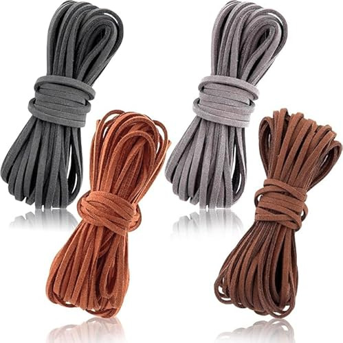 4 cordoncini in pelle scamosciata, 3 mm x 4 m, strisce piatte per lavori fai da te, scarpe, lacci, bracciali, collane, orecchini, perline, gioielli, accessori per capelli