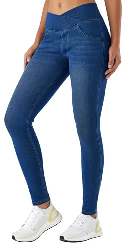 LaiEr Donna V Crossover Skinny Jeans Vita Alta Controllo Pancia Leggings Fitness Casual, Elasticità Morbida Stampa Denim Finto Casual con Tasche Laterali.(Blu Scuro XL)