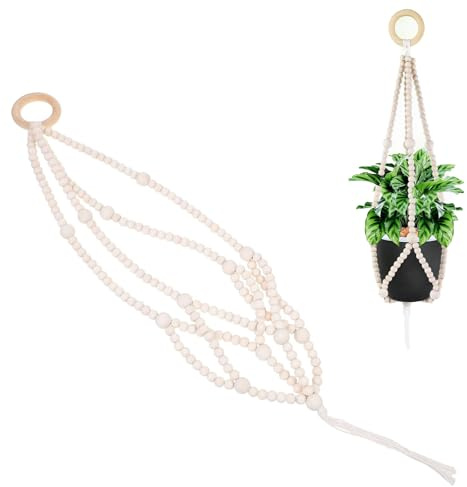 CALLYSONIC Fioriera sospesa, perline di legno, da appendere per piante, fioriera con corda di cotone, nappe, decorazione per camere, esterni, balcone, finestra, balcone (non vaso) (bianco 1)