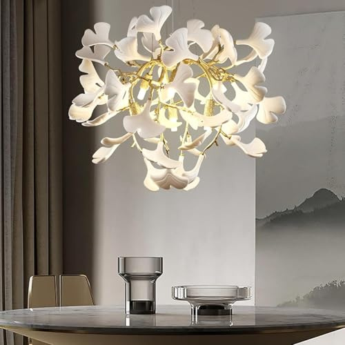 PIOUTNF Kronleuchter Modern Gold, Hängelampe Esstisch 60cm,Luxus Keramik Ginkgoblatt Pendelleuchte,7 Flammig Keramik Ginkgoblatt Esszimmerlampe für Wohnzimmer, Foyer, Küche, Schlafzimmer
