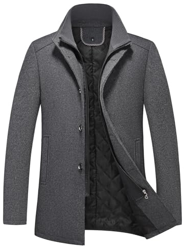 KUDORO Herren Wintermantel Wolle Mittellang Wollmantel mit Stehkragen | Mantel Slim Fit für Business Freizeit Peacoat Casual