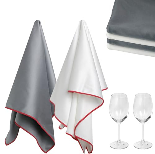 Wine Glass Polishing Cloths Large Glass Cleaning Cloth, Streak Free, Lint Free Microfiber Cleaning Cloth for Glasses, Stemware, Sunglasses, Camera Lens, 20 Inch X 23 Inch (2 Pack White | Gray)
