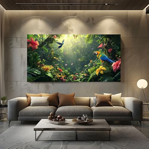 ZORYAN Groß Leinwand Bilder für Schlafzimmer Deko Dschungel Papagei XXL | Kunstdruck mit Tropisch Ara Wanddeko Blumen Hibiskus Wandbilder - Modern Decor Canvas Ungerahmt 60x120 cm