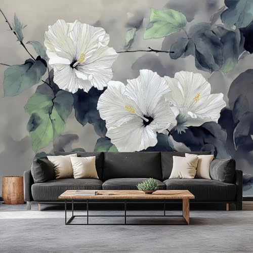 Generisch Vliesfototapete Tuschemalerei 350 x 256 cm Foto Tapete Schlafzimmer Wohnzimmer Wandtapete, Pflanze Hibiskus Blätter Motivtapeten Bildtapete 3d Effekt Wand Dekoration Flur
