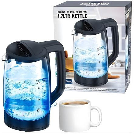 1.7L Glass Electric Kettle, Push-Button Lid & Perfect Pour Spout, 2200W Fast Boil with Auto Shut-Off & Boil Dry Protection, Comfortable Grip Handle, Transparent With Blue Lighting