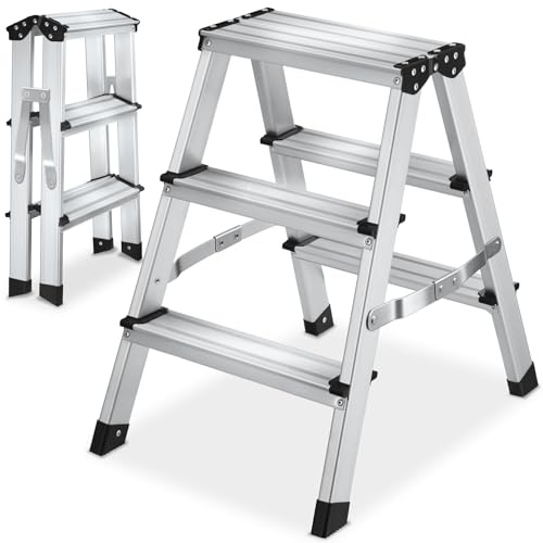 tectake® Scaletta Pieghevole in Alluminio Doppia, Scala 3 Gradini Antiscivolo, Scaletta Multiuso Salvaspazio con Doppia Salita, Scala per Casa Leggera, Piedini in Gomma, Antiscivolo, Portata 150 kg