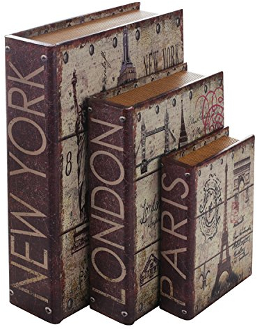 HMF 80961 Buchtresor 3er Set - Städte, Antik-Look, getarnte Geldkassette, 32,5 x 23,5 x 7,5 cm