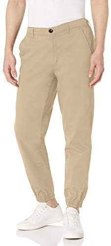 Amazon Essentials Men's Straight-Fit Washed Cotton Chino Jogger Pant, Khaki Brown, Large
