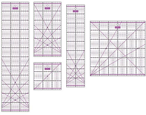 Semplix Patchwork Lineal Set, 5-teilig, cm, Acrylglas, 2,5 mm (Lila) | 5-teiliges Patchwork-Lineal-Set aus stabilem Acrylglas mit cm-Skala, doppelseitiger Skalierung und 30°, 45° & 60° Winkeln