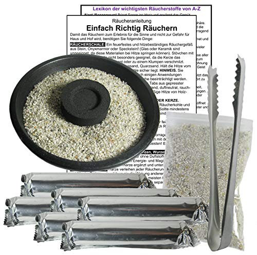 RÄUCHERSCHALE 10cm zum RÄUCHERN & AUSRÄUCHERN mit ZUBEHÖR für jedes RÄUCHERWERK & WEIHRAUCH. 10-tlg Räucher SET. Schale + Zange + Räucherkohle + ZUBEHÖR mit Lexikon der Räucherstoffe. 81593-S10