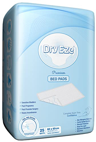 DryEze Super Absorbent Disposable Incontinence Bed Pads for Mattress Furniture Sofa Chair Protector Pet Training, Puppy Pad - High Absorbency Mats (60x60 cm (Pack of 25))