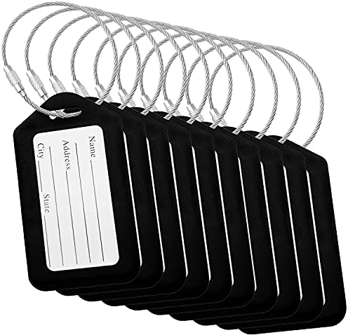Gepäckanhänger (8,6 x 4,8 cm, schwarz, 10 Stück) – Reisekofferanhänger mit Namensausweis – robuste Metalldrahtschlaufen von BlueCosto