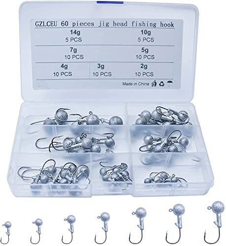 GZLCEU 60 Stück Bleikopf Angelhaken, Jighaken Set mit Round Jighead für Gummifische zum Raubfishangeln, Verschieden Größe 2g 3g 4g 5g 7g 10g 14g