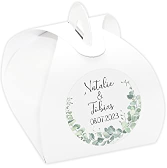 24 x Kartonagen weiß + Aufkleber 'Eukalyptus - personalisiert' Gastgeschenke Set für Hochzeit, Taufe, Kommunion, Konfirmation