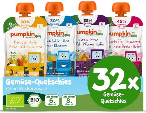 Pumpkin Organics 32er Pack QUERBEET Bio Gemüse-Quetschies - Quetschie ohne Zuckerzusatz¹ - Babynahrung für Babys ab dem 8. Monat - Kennenlernpaket (32x100g)