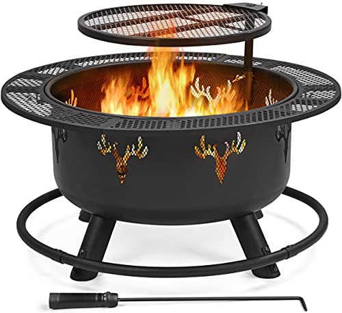 Yaheetech Fire Pits for Garden, Fire Bowl with Poker, Adjustable 360° Swivel Cooking Grate Decorative Deer Head Pattern Pit for Camping Bonfire Backyard BBQ, 82.5x57cm(Dia.xH), Black