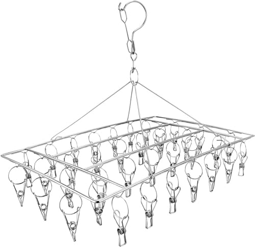 CHEYLIZI Metal Sock Hanger, Stainless Steel Drying Rack with 40pcs Pegs and Swivel Hook, Windproof Laundry Metal Square Hanger for Socks, Underwear