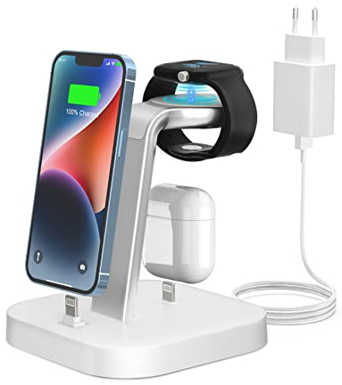 Ladestation für mehrere Geräte – ADADPU 3 in 1 Kabelloser Ladeständer für Apple Watch Serie 9/8/7/6/5/4/3/2/SE Handy-Ladestation für AirPods iPhone 14/13/12/11 Pro X Max XS XR 8 7 Plus-Weiß