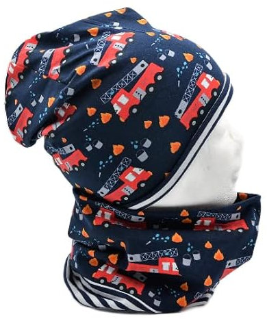 Wende Loop Schal & Mütze SET | Feuerwehr Autos dunkelblau rot/Ringel blau weiß | Junge für 4-5 - 6-7 - 8 Jährige | boys scarf hat