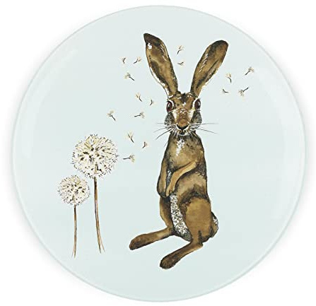 Hares Round Glass Worktop Saver - Painted Hares & Dandelions by Rhiannon Chauncey - Textured Kitchen Chopping/Cutting Board Worktop Protector with Non-Slip Feet 30cm x 30cm (12 x 12)