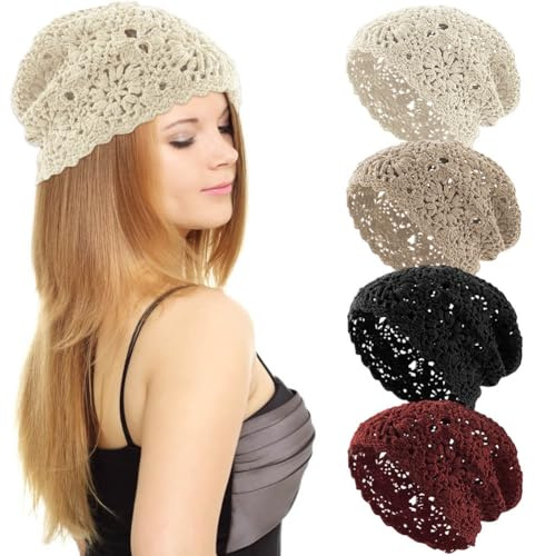 KABAKE Frauen Baumwolle Häkelmütze Handgemachte Strick Floral Slouchy Beanie Hut Gestrickte Cutout Sommer Schädel Cap