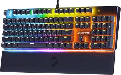 GAMEPOWER Ogre Mechanische Gaming Tastatur, QWERTZ DE-Layout, Blue Switches, RGB, 105 Tasten, Handballenauflage, Kabelgebunden, Programmierbare Makros, Schwarz