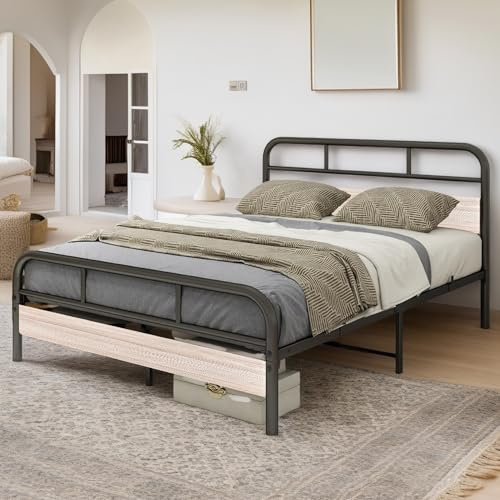 Diahomy Doppelbett-Rahmen 140 cm mit Kopfteil aus Holz, Plattform-Metallbettrahmen, kein Polsterbettrost benötigt, verstärkte Stahl-Lattenrost, schwarz + Eiche