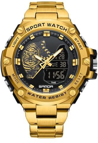 RORIOS Reloj de Pulsera Electrónico Doble Pantalla para Hombre Reloj 5ATM Impermeable Relojes Digital Cuarzo Reloj Multifuncional Militares Correa Acero Inoxidable Oro Negro A