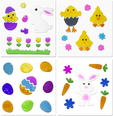 4pcs Easter Gel Window Clings Oster-Fensteraufkleber, dekorative Gel Fensteraufkleber für Kinder, Gel-Aufkleber, bedruckte Osteraufkleber mit Hasen Karotten Küken Blumen Gelee Aufklebern