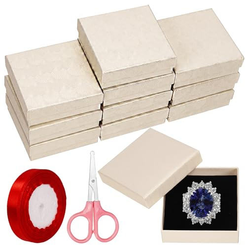 Swpeet 12Pcs Beige 3.5×3.5×1 Zoll Karton Schmuck Geschenk Boxen mit Schere und Polyester Band, Halskette Ohrring Armband Boxen Geschenk Fall Ideal für Schmuck Lagerung Verpackung Display