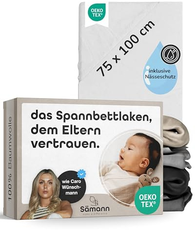 Sämann Spannbettlaken 75x100cm für Babys I Weiß I Ideal für Babybett & Beistellbett I Pflegeleichtes Bettlaken aus 100% Baumwolle mit Gummizug & Nässeschutz I Faltenfreier Sitz auf der Matratze