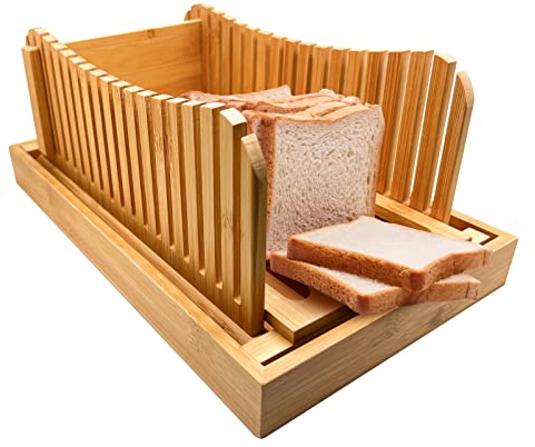 13.8 × 7.87inch Bread Slicer for Homemade Bread - Bamboo Bread Slicer, Foldable Cutting Guide, Crumb Tray, 3-Slice Thickness for Bread