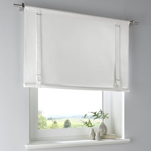 Tim weiße Rollgardine Raffrollo aus 100% Baumwolle, Landhaus-Gardine mit Tunnelzug, Breite 45 cm x Höhe 100 cm