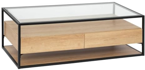 Atmosphera Créateur d'Intérieur - Table Basse Rectangle 2 Tiroirs Aldea Beige Effet Bois Chêne Structure Noire Plateau Verre Trempé Salon, Bureau