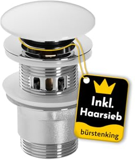 Bürstenking Ablaufgarnitur Waschbecken – Ablaufventil mit Haarsieb – 1 1/4 Anschlussgewinde – Push-Open Funktion mit Überlauf – 6,0 cm – ø 66 mm – Chrom mit weißem Keramikdeckel