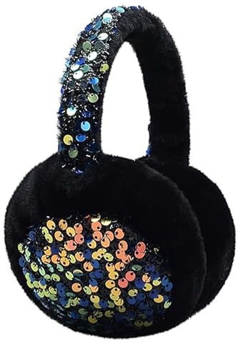 Winter Warm Ear Muffs for Girls Women, Sequin Earmuffs Cute Faux Fur Ear Covers Headband Cozy Plush Ear Warmers Outdoor Windproof Cold Weather Headwear for Ski Cycling Camping Running Sledding
