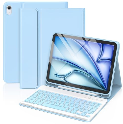 GAOJIE Funda con Teclado para iPad Air 11(M2/M3) 2024/2025 iPad Air 5ª y 4ª Gen 10.9 2022/2020, Funda con Portalápices Bluetooth Magnético Desmontable, Teclado QWERTY Español(Azul Claro)