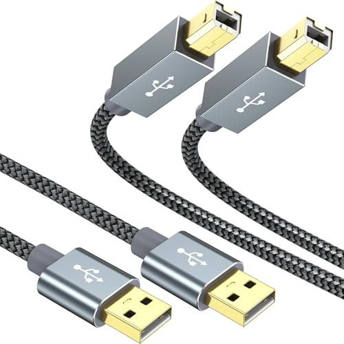 USB Printer Cable 2-Pack, 6 FT USB2.0 Type A-B Cable High Speed Nylon Braided Scanner Cord with Lock Point Compatible with HP, Canon, Epson, Brother, Samsung, Dell, Lexmark, Xerox