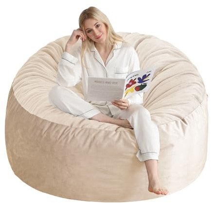 3 Ft Bean Bag Chair, Memory Foam Bean Bag Chairs for Adults with Filling, Round Bean Bag Sofa with Filler Included, Beanbags with Soft Dutch Velvet Fabric,3 Foot,Beige