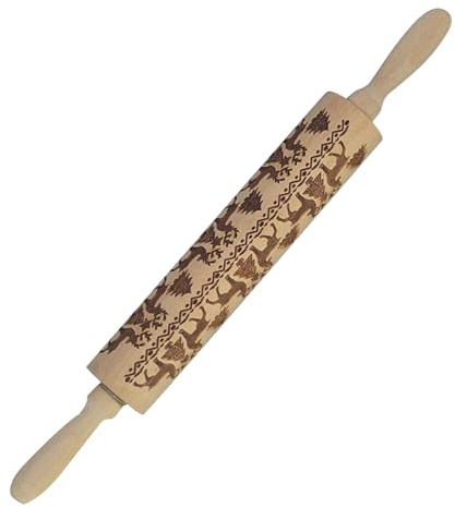 Nikou Weihnachten Elch Print Nudelholz, Weihnachtssymbole aus Holz Graviert Prägung Rolling Pins für Fondant Teig Pizza Amygline Keks (35CM)