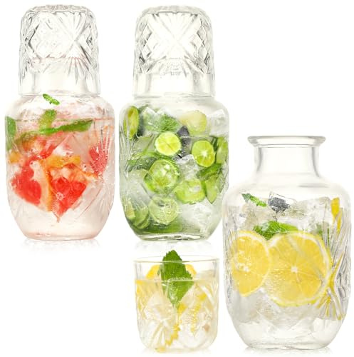 Juego de 6 jarras de agua y vasos para mesita de noche de 20 onzas, jarra de agua de vidrio vintage con juego de tazas de 5 onzas, jarra de agua de vidrio transparente para dormitorio, bar, baño