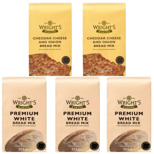 Wright's Bread Mix Selection Pack - Premium White 3X500g & Cheddar Onion 2X500g – Easy Bake for Bread Machines & Ovens – Soft Loaves, Rolls, Pizza Dough – No Artificial Additives