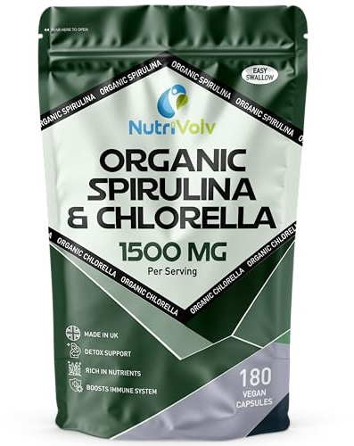 Spirulina & Chlorella | 3 Months Supply | 180 Capsules | 1500mg Per Serving | Pure - No Additives | Vegan & Non-GMO | Broken Cell Wall | by NutriVolv