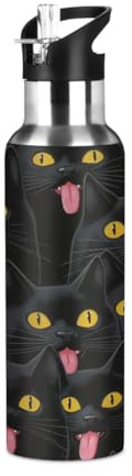 Mexpekil Divertente borraccia termica in acciaio inox con motivo gatto nero, 600 ml, con cannuccia, a prova di perdite, per bambini e adulti