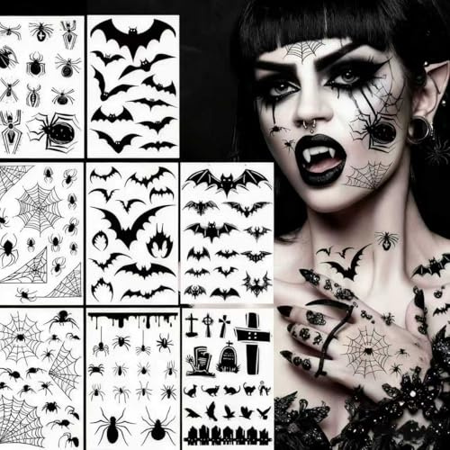 8 Blätter Halloween Tattoo Gesicht,Temporäre Tattoos mit Fledermäuse Spinnen und Spinnennetz Motive,Gesichtstattoo Halloween,Kinder Erwachsene Gesichtstattoo,HalloweenKarneval Tattoo Gesicht