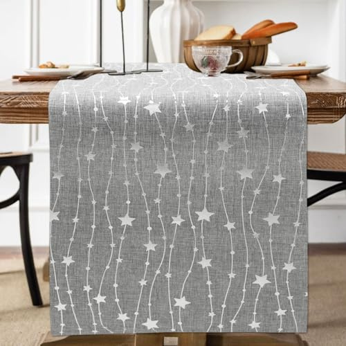 Tischläufer Weihnachten, 275 x 28 cm Weihnachts Tischläufer Silber, Weihnachtstischläufer, Sterne Weihnachtsläufer Tisch, Tischband Glitzer Weihnachten Tischdeko für Silvester Adventszeit Hochzeiten