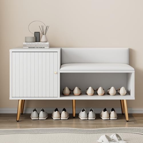 Moderne Luxus-Schuhbank mit Sitz, Rückenlehne und Metallbeinen, ideal für die Organisation im Eingangsbereich (100 x 40 x 58 cm) (Schuhbank, weiß)
