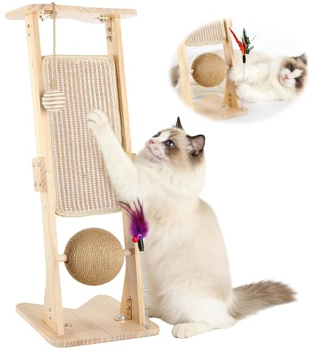 Griffoir pour Chat en Forme de L, Rampe à griffer en sisal en Forme de pour Chats d'intérieur, Bois Massif avec Jouet en Peluche Balle griffoir sisal Mignon pour Protection du canapé, Mur et Coin